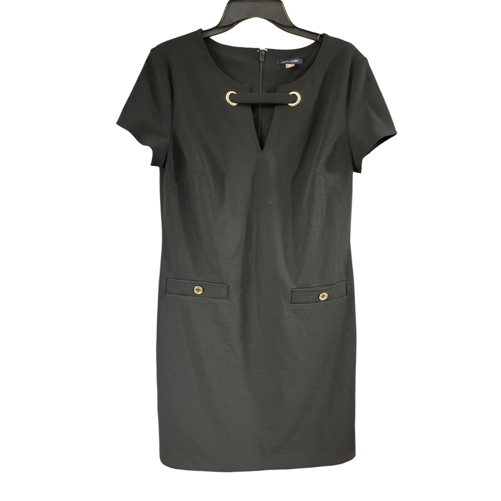 Tommy Hilfiger Womens Black Short Sleeve Sheath Dress Gold Grommet Size 12